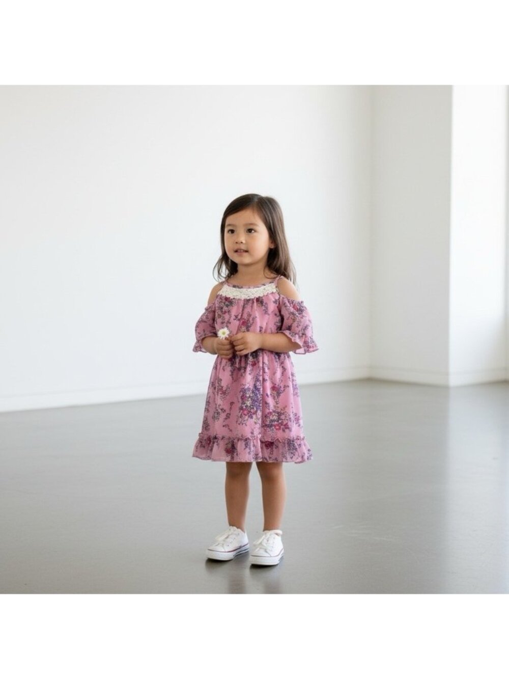 Pink & Violet Little Girl Dress Size Small 6 Cold shoulder Floral Ruffly